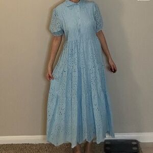 Baby Blue Eyelet Maxi Dress with Lace Collar – NWT
